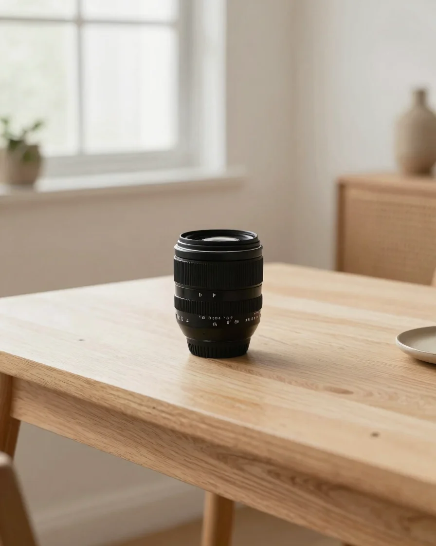 Fotografia editorial de produtos sobre uma mesa de madeira clara, luz natural suave vinda de uma janela lateral, tons ne