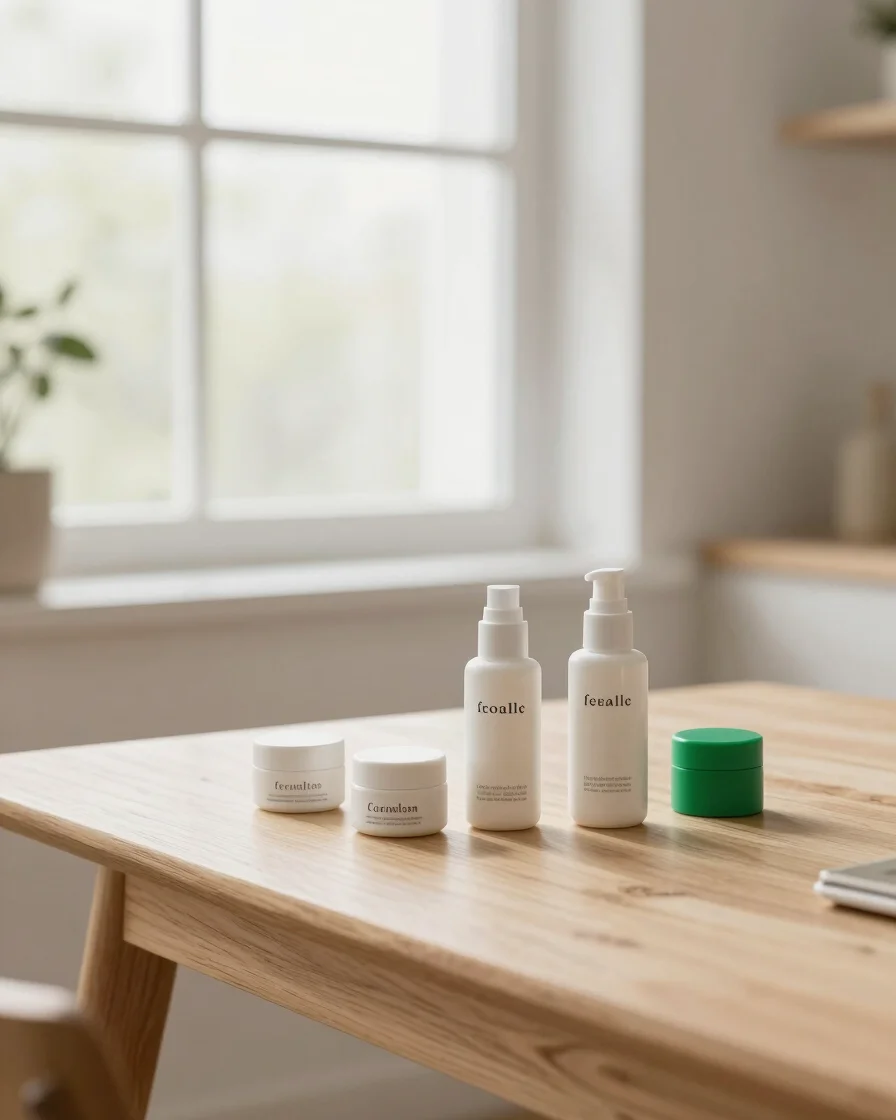 Fotografia editorial de produtos em uma mesa de madeira clara, luz natural suave vinda de uma janela, tons neutros e um